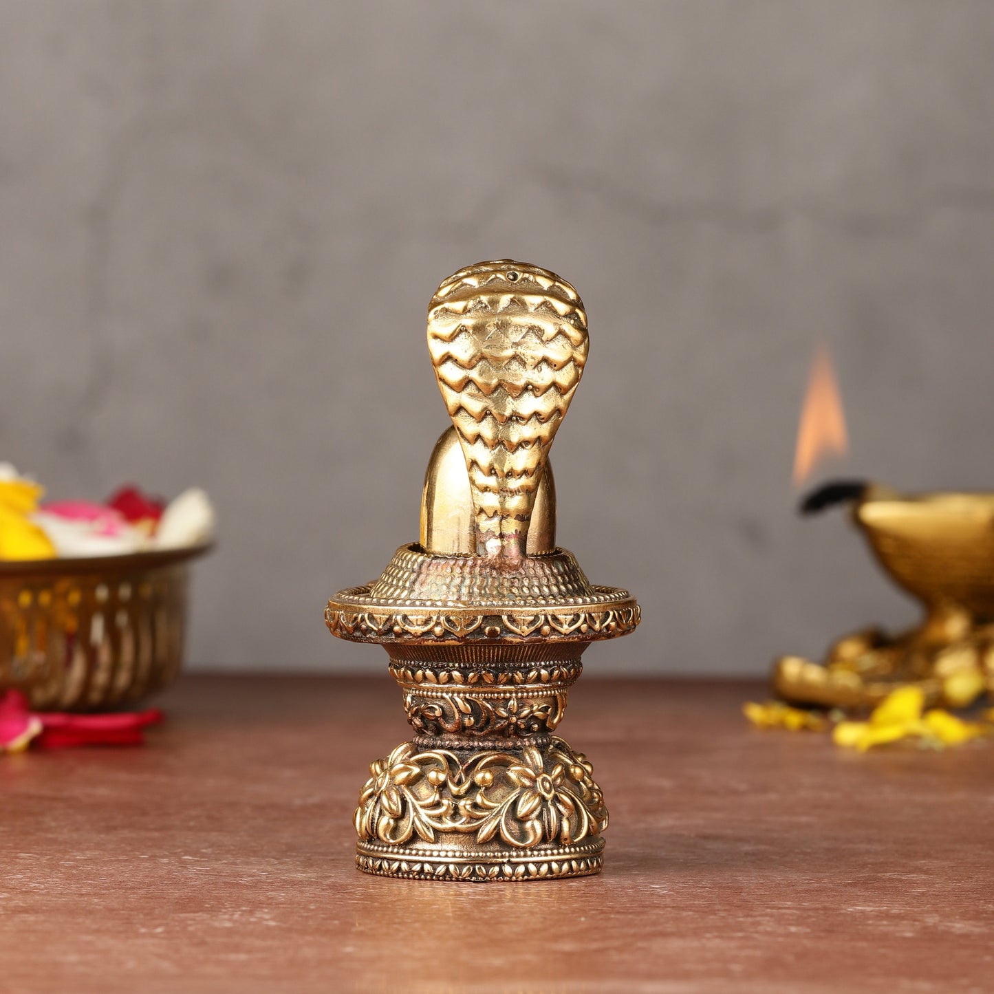 Kanha Kothi 3.5 Inch Brass Shivling with Nag Design | Decorative Shivling for Home Temple & Puja