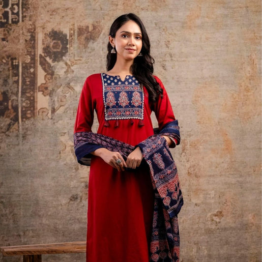 Maroon Jaipur Printed Cotton Kurti with Dupatta – Ethnic Wear for Women