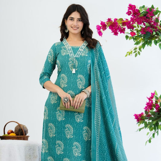 Turquoise Blue Cotton Kurti Pyjama Dupatta Set – Women’s Ethnic 3 Piece Suit