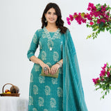 Turquoise Blue Cotton Kurti Pyjama Dupatta Set – Women’s Ethnic 3 Piece Suit