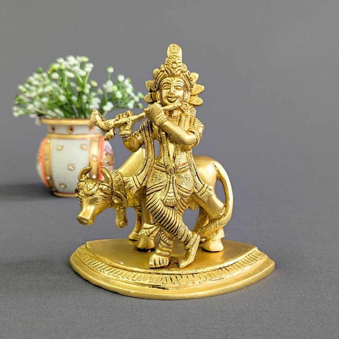 Pure Brass Lord Krishna with Cow Statue (7 Inch) – Divine Home Décor & Spiritual Idol