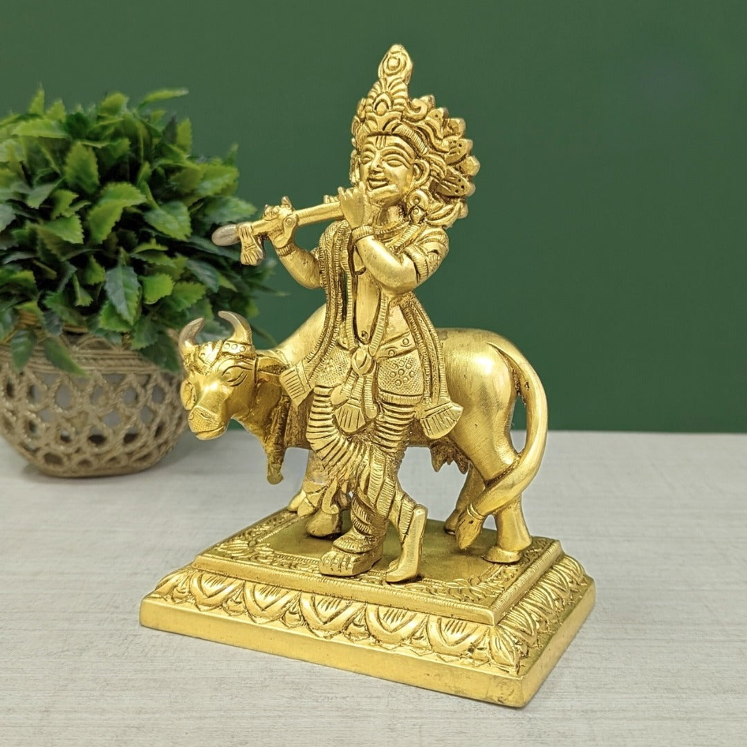 Pure Brass Lord Krishna with Cow Statue (7 Inch) – Divine Home Décor & Spiritual Idol