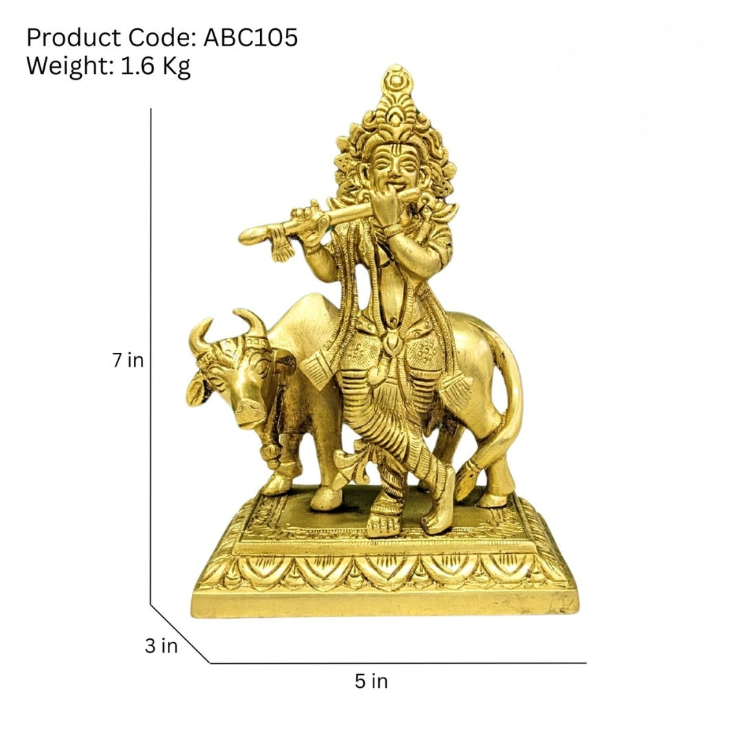 Pure Brass Lord Krishna with Cow Statue (7 Inch) – Divine Home Décor & Spiritual Idol