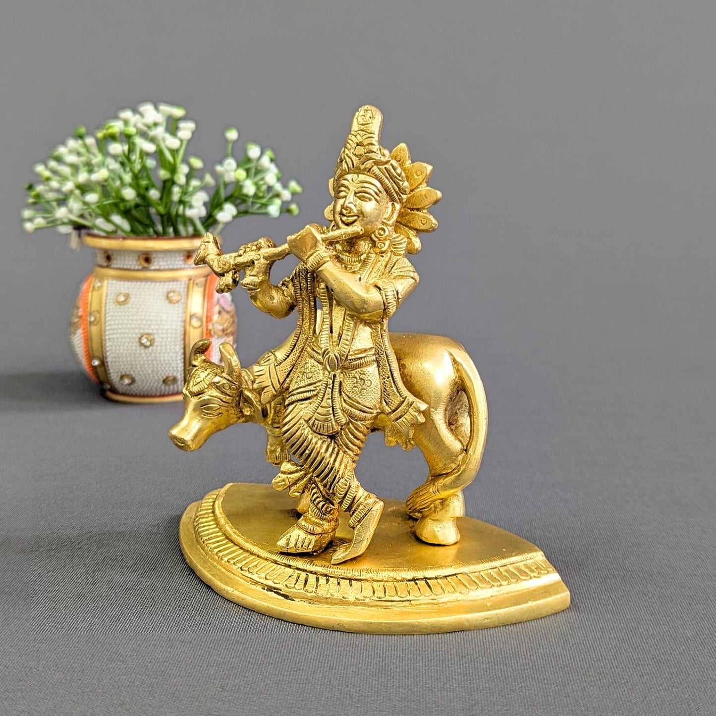 Pure Brass Lord Krishna with Cow Statue (7 Inch) – Divine Home Décor & Spiritual Idol