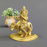 Pure Brass Lord Krishna with Cow Statue (7 Inch) – Divine Home Décor & Spiritual Idol