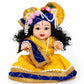 Laddu Gopal Kanha Ji Soft Doll with Peacock Feather Mukut, Blue Pagdi & Yellow Silk Poshak – Pearl Mala Decorative Silicone Idol for Home Mandir & Gifting
