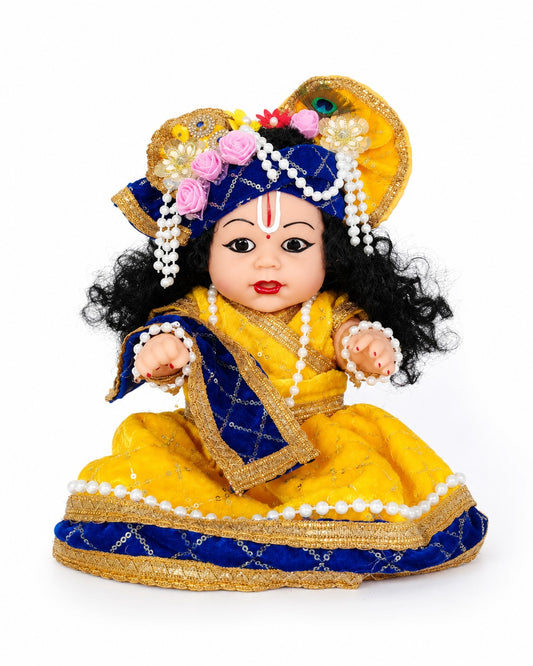 Laddu Gopal Kanha Ji Soft Doll with Peacock Feather Mukut, Blue Pagdi & Yellow Silk Poshak – Pearl Mala Decorative Silicone Idol for Home Mandir & Gifting