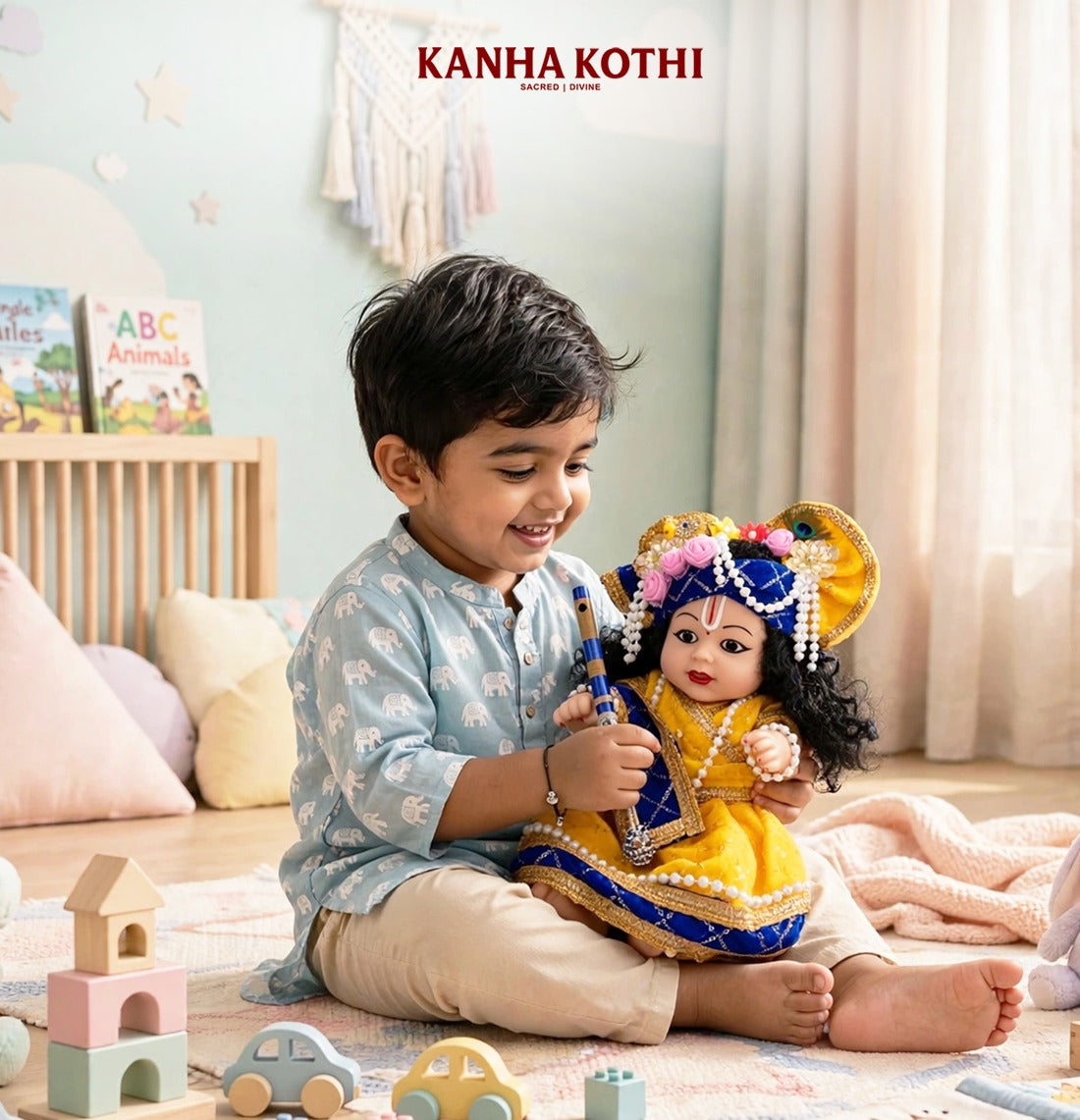 Laddu Gopal Kanha Ji Soft Doll with Peacock Feather Mukut, Blue Pagdi & Yellow Silk Poshak – Pearl Mala Decorative Silicone Idol for Home Mandir & Gifting