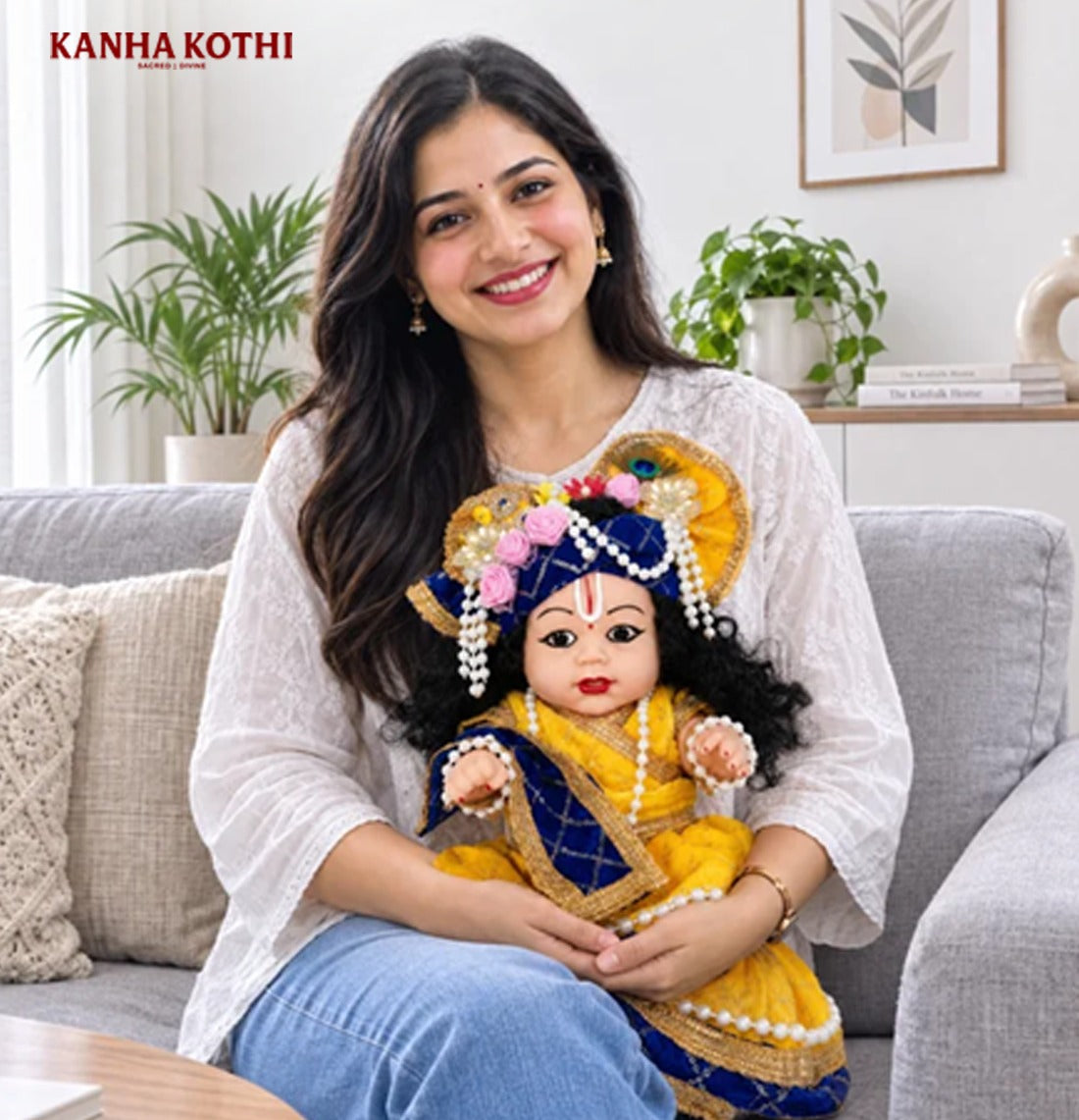Laddu Gopal Kanha Ji Soft Doll with Peacock Feather Mukut, Blue Pagdi & Yellow Silk Poshak – Pearl Mala Decorative Silicone Idol for Home Mandir & Gifting