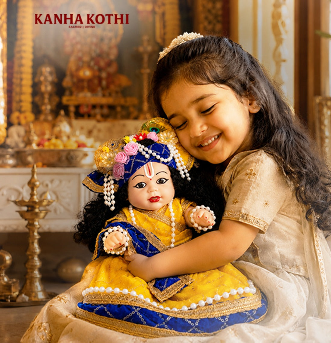 Laddu Gopal Kanha Ji Soft Doll with Peacock Feather Mukut, Blue Pagdi & Yellow Silk Poshak – Pearl Mala Decorative Silicone Idol for Home Mandir & Gifting