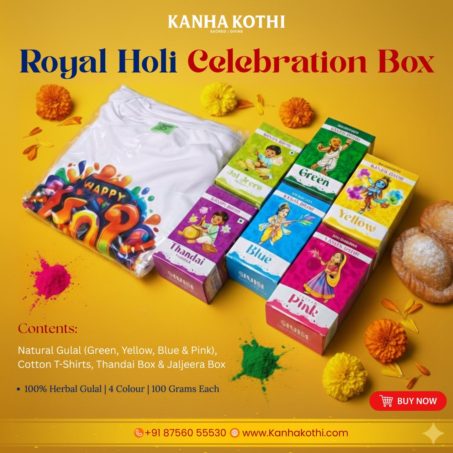 Kanha Kothi Royal Holi Celebration Box | 100% Herbal Gulal (4 Colours x 100g Each) with Jal Jeera & Thandai Mix | Premium Holi Gift Hamper