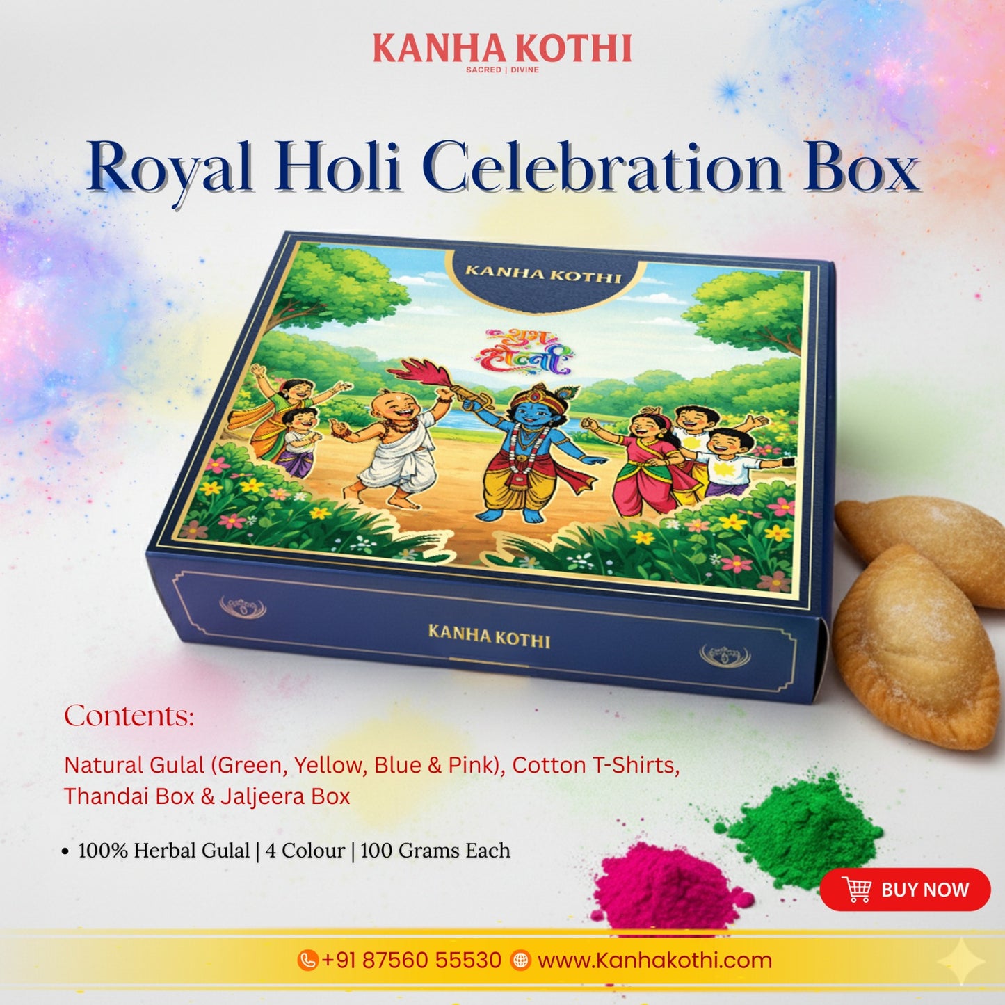 Kanha Kothi Royal Holi Celebration Box | 100% Herbal Gulal (4 Colours x 100g Each) with Jal Jeera & Thandai Mix | Premium Holi Gift Hamper