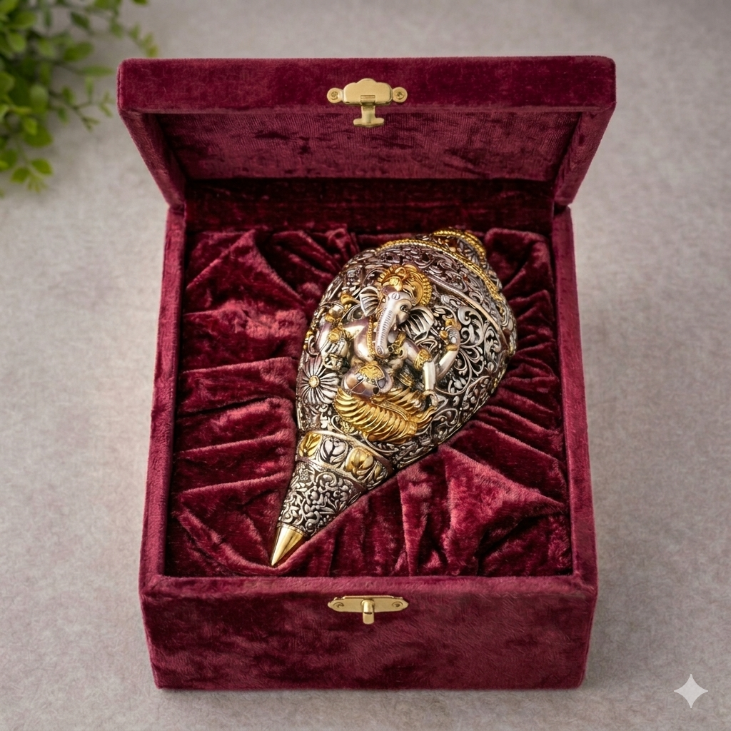 999 Pure Silver Plated & 24K Gold Plated Ganesh Shankh | Sacred 5.2 Inch Dual-Tone Conch Shell | Vastu Showpiece for Success & Wealth | Auspicious Pooja Gift.