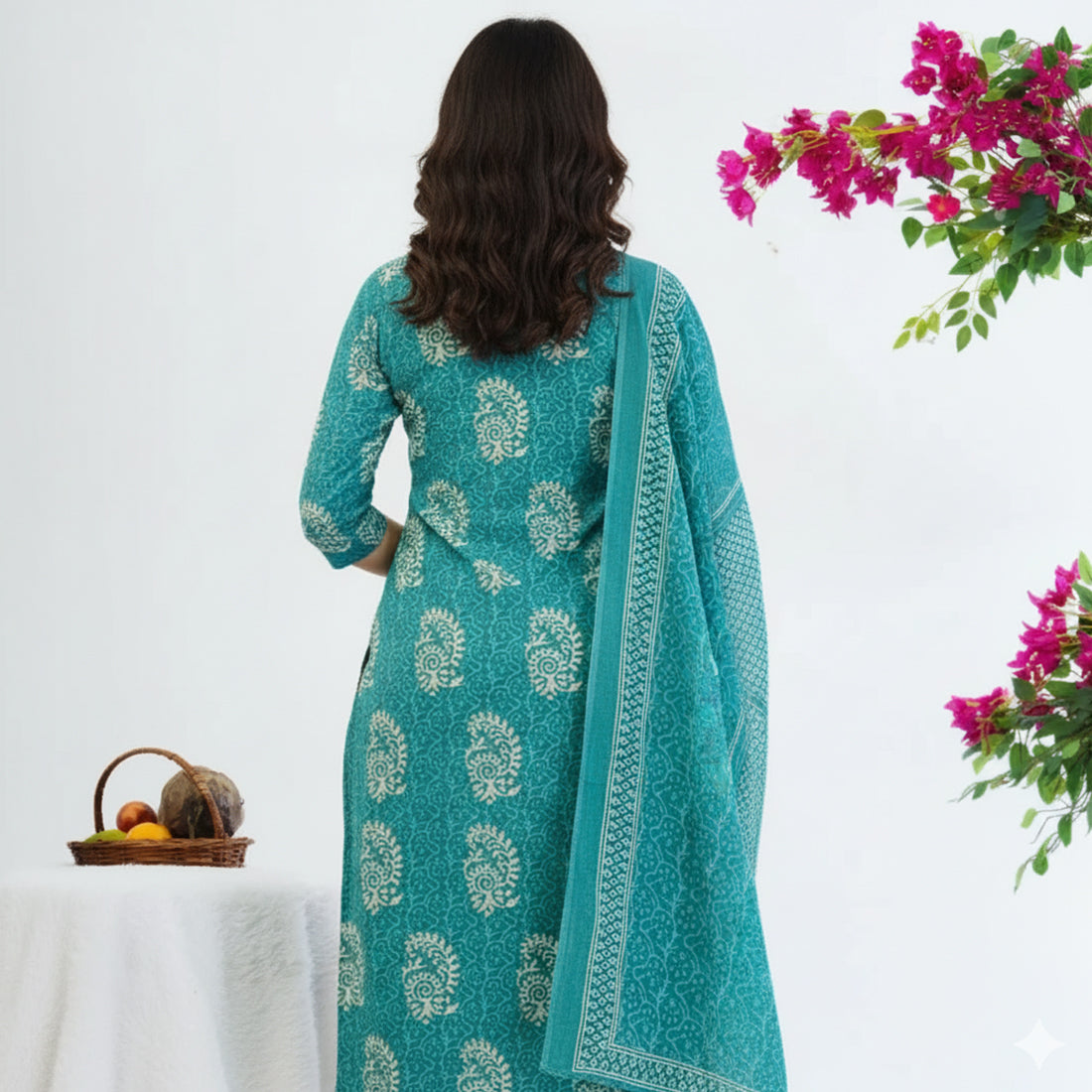 Turquoise Blue Cotton Kurti Pyjama Dupatta Set – Women’s Ethnic 3 Piece Suit