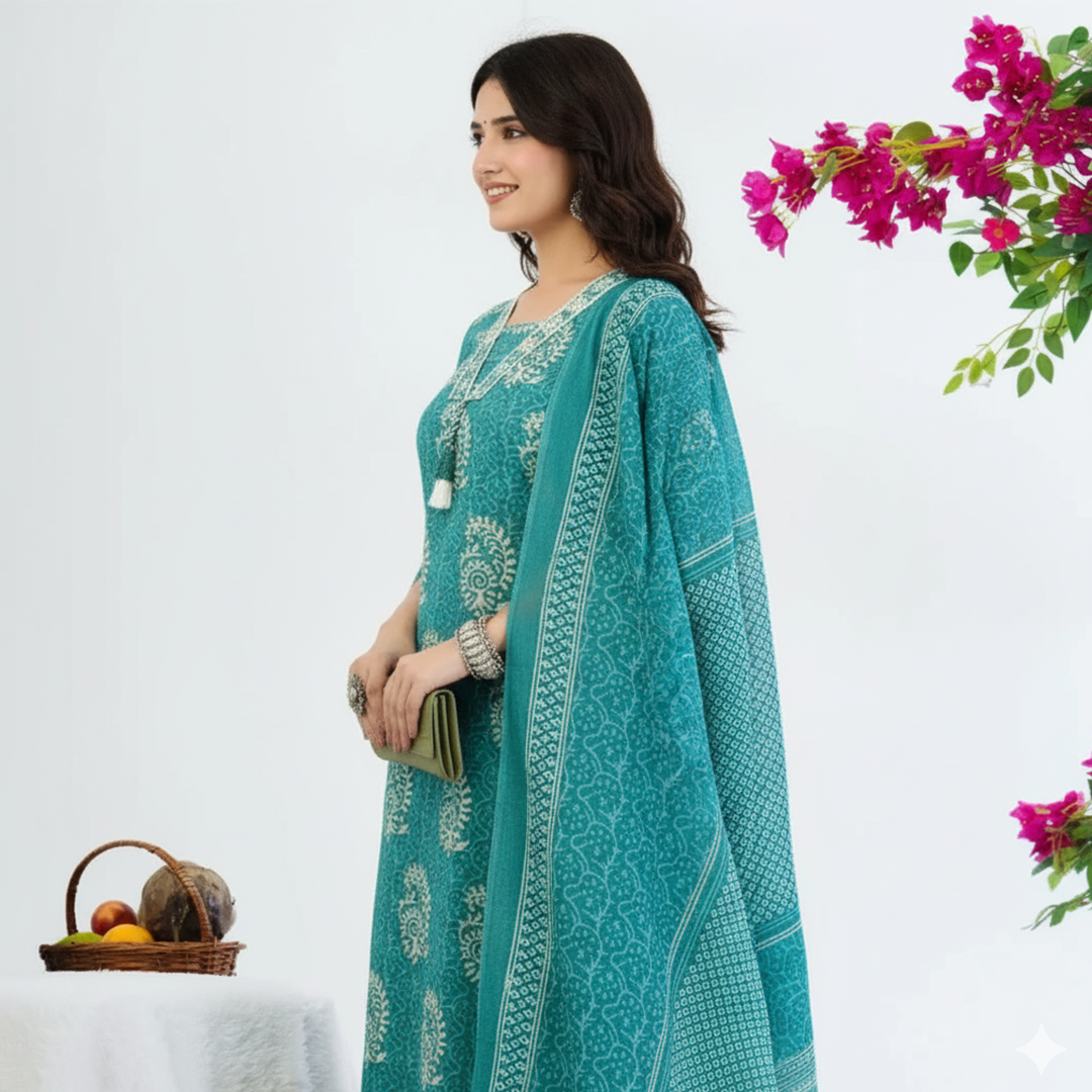Turquoise Blue Cotton Kurti Pyjama Dupatta Set – Women’s Ethnic 3 Piece Suit