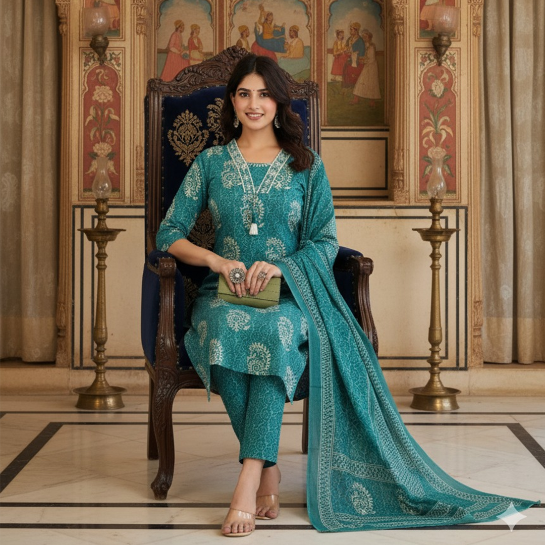 Turquoise Blue Cotton Kurti Pyjama Dupatta Set – Women’s Ethnic 3 Piece Suit
